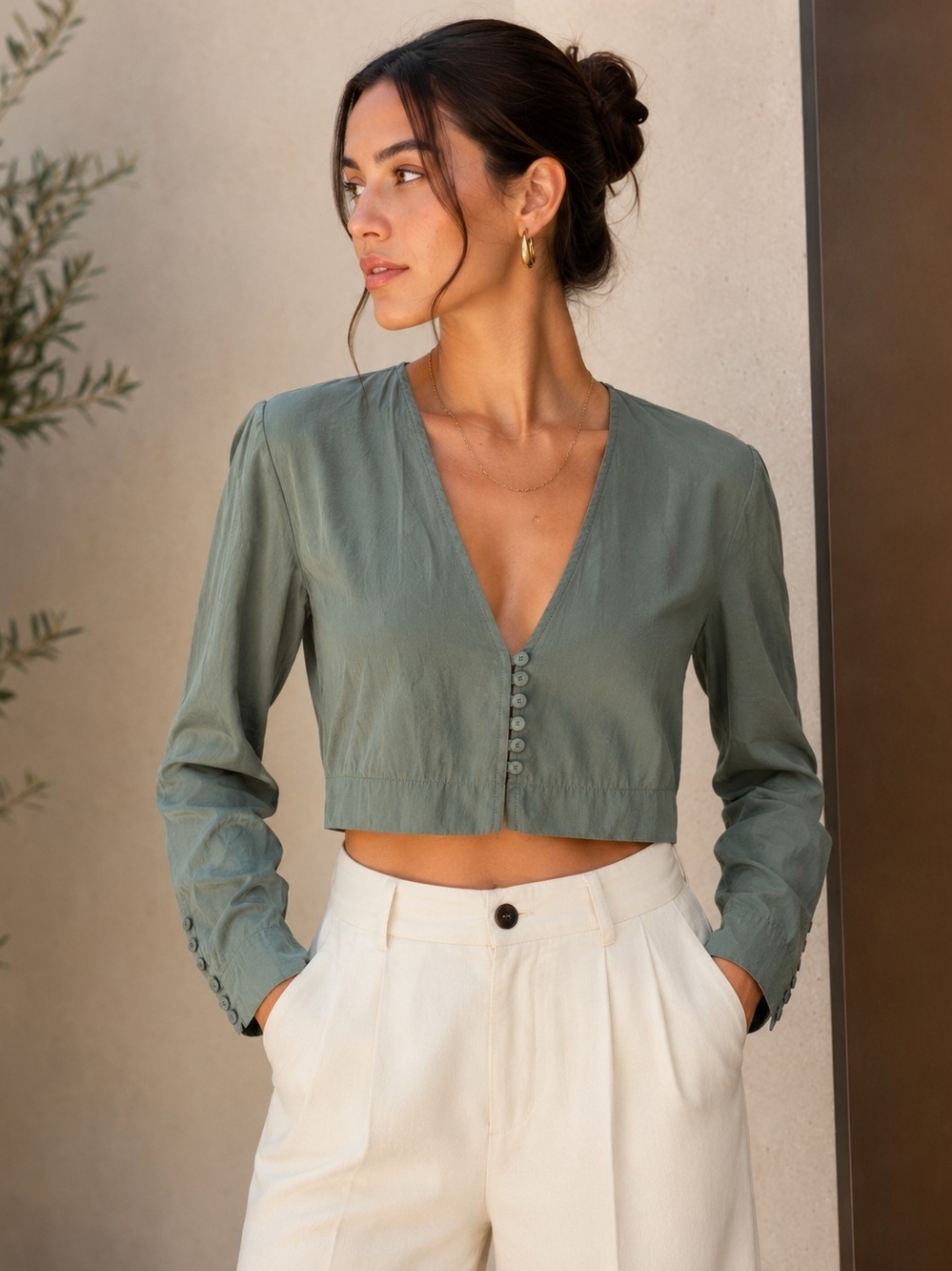 Zara Sage Green Modal Cropped V-Neck Button Blouse Size S